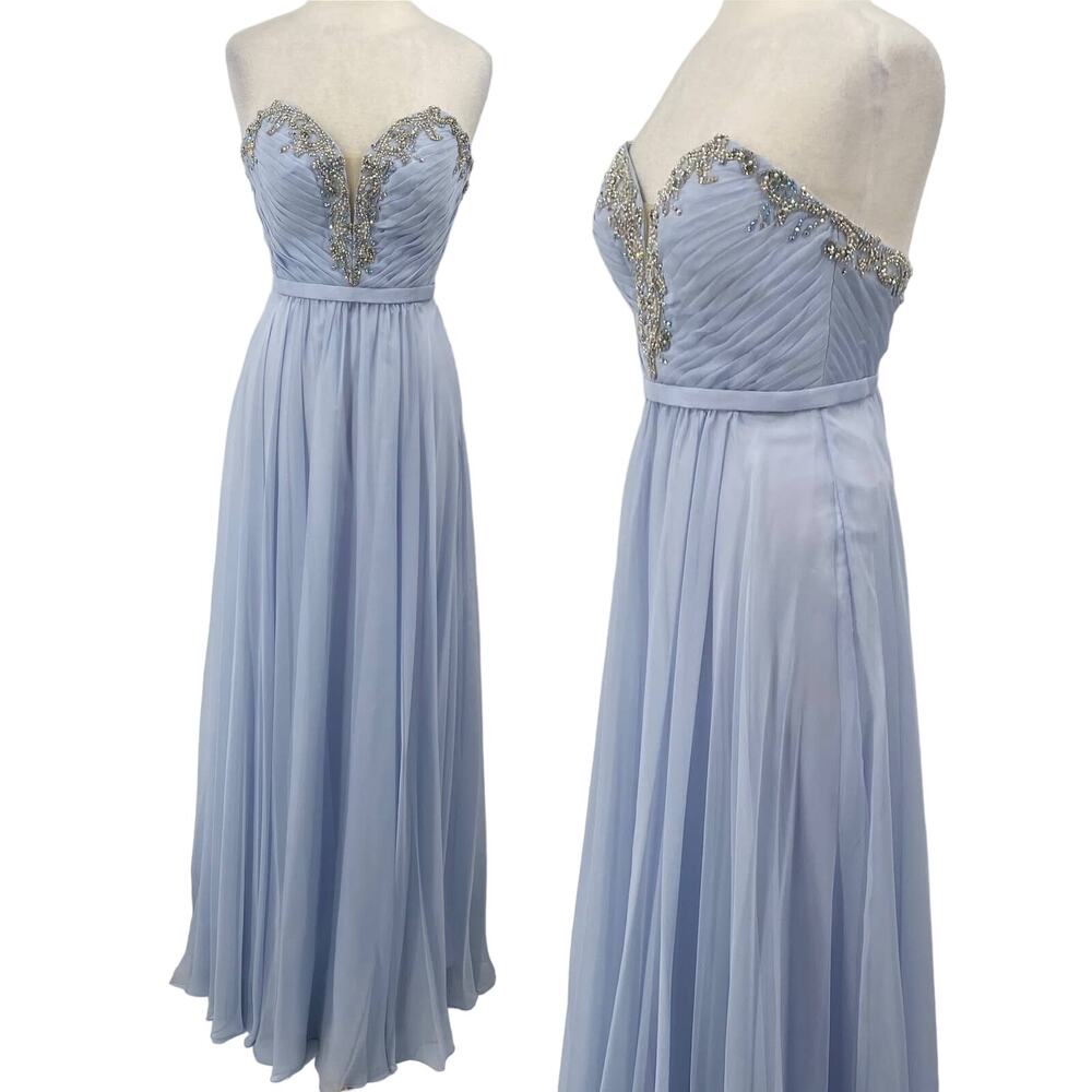 La Femme Gown Crystal Embellished Illusion Sweetheart Strapless Pale Blue NEW 8